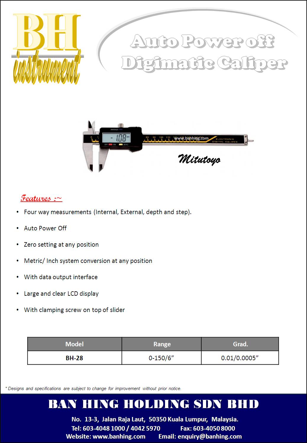 Mitutoyo Auto Power off Digitmatic Caliper Ban Hing Holding Sdn Bhd